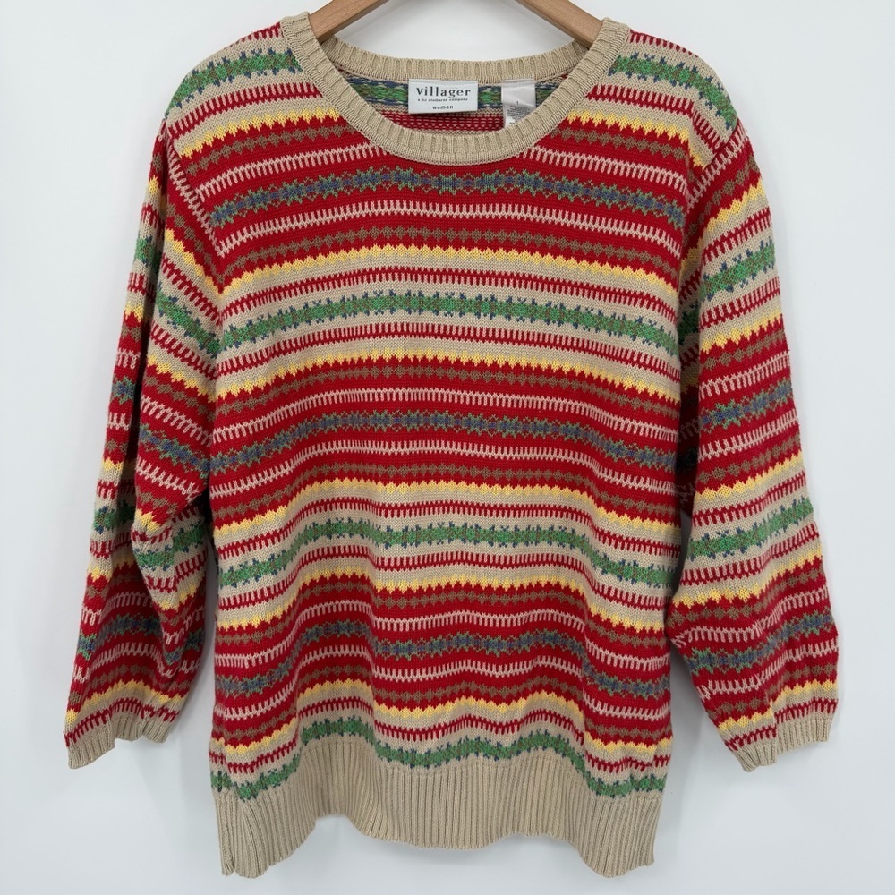 Vtg Villager by Liz Claiborne 100% Cotton Multicolor Striped Crewneck Sweater